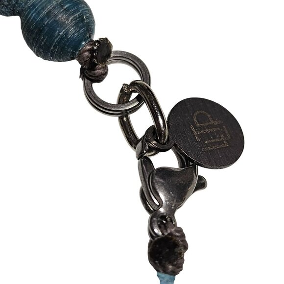 Handcrafted Blue Paper Bead Stretch Bracelet Metal Charm Eco Friendly Jewelry - Picture 3 of 5